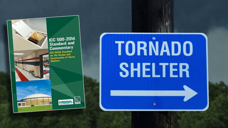 ICC 500 standard cover next to a tornado shelter sign