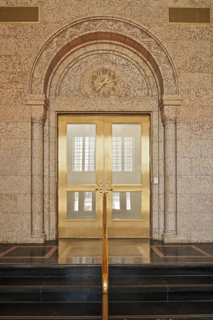 Victory Building Lobby Full View Bronze Clad Door Pair